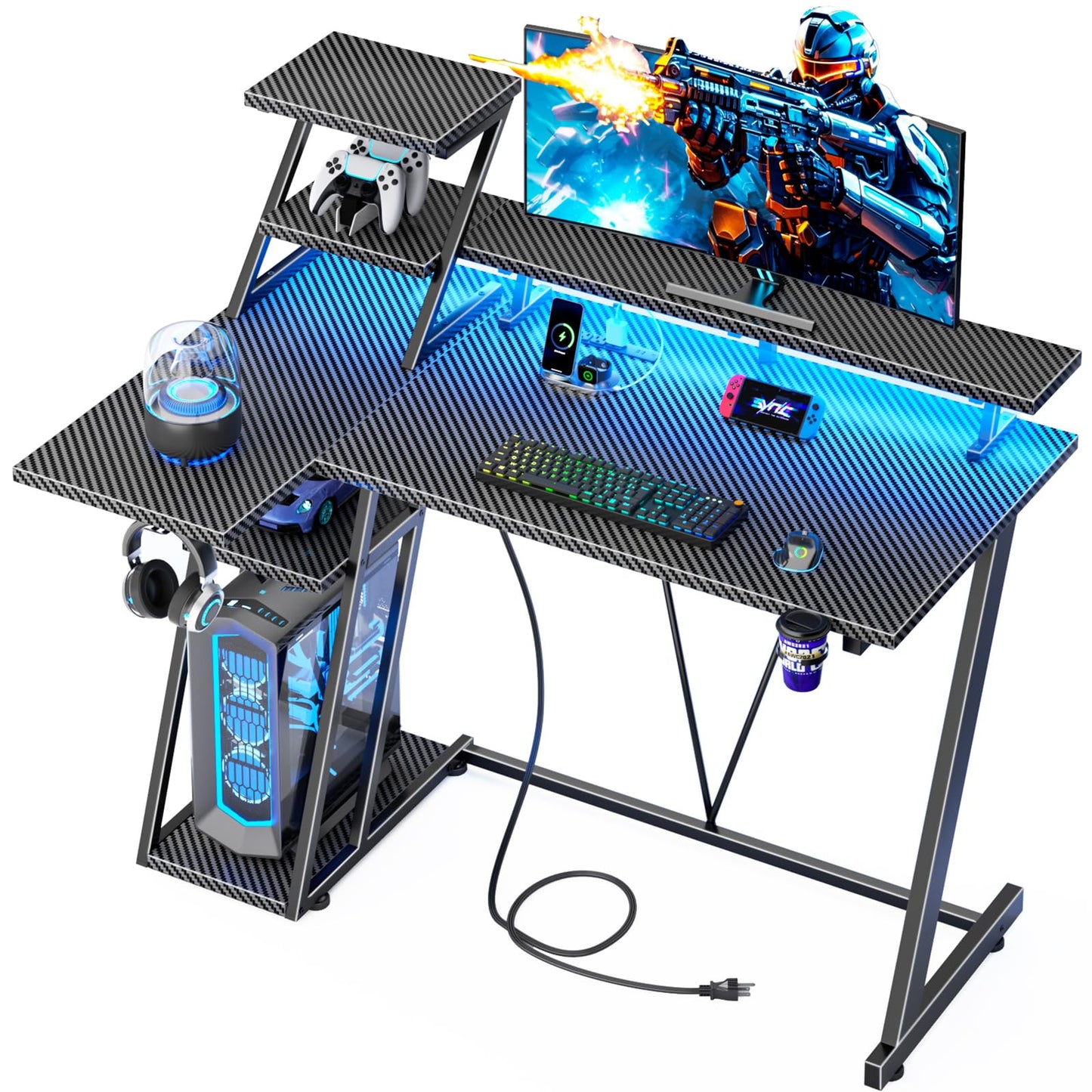 40 Inch Gaming Desk with LED Lights & Power Outlet, Small Gaming Computer Desk with Storage Shelves, L Shaped Gamer Workstations with Monitor Stand for Bedroom, Carbon Fiber Black