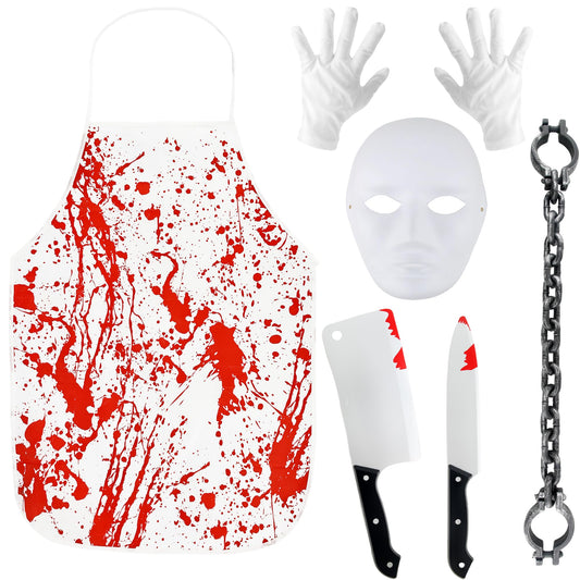 6 Pcs Halloween Scary Butcher Costumes Bloody White Scary Butcher Outfit Bloody Chef Dress up for Spooky Outfit for Halloween Men Women Cosplay Party
