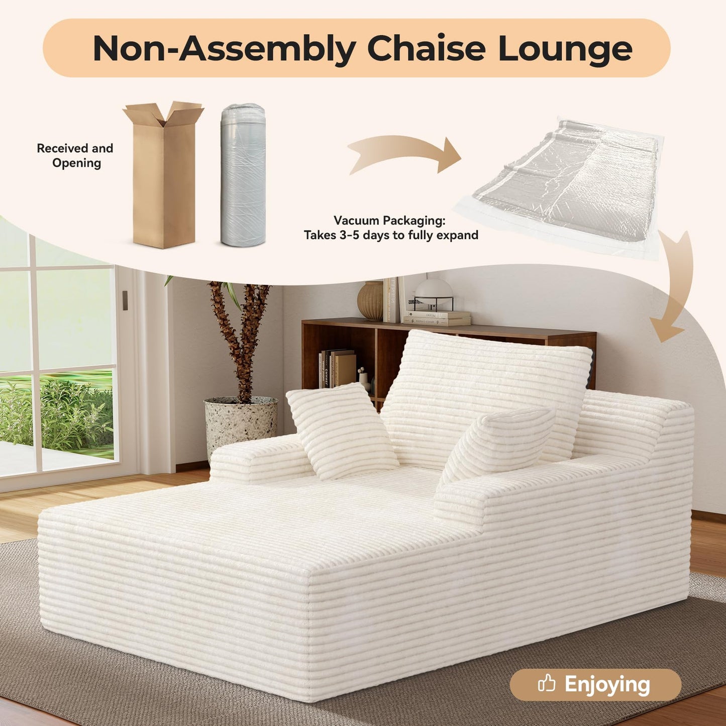 51'' Oversized Chaise Lounge Chair Indoor, Non-Assembly Deep Seat Sofa Bed Corduroy Sleeper Cloud Couch with 2pcs Pillows for Reading Living Room-Beige