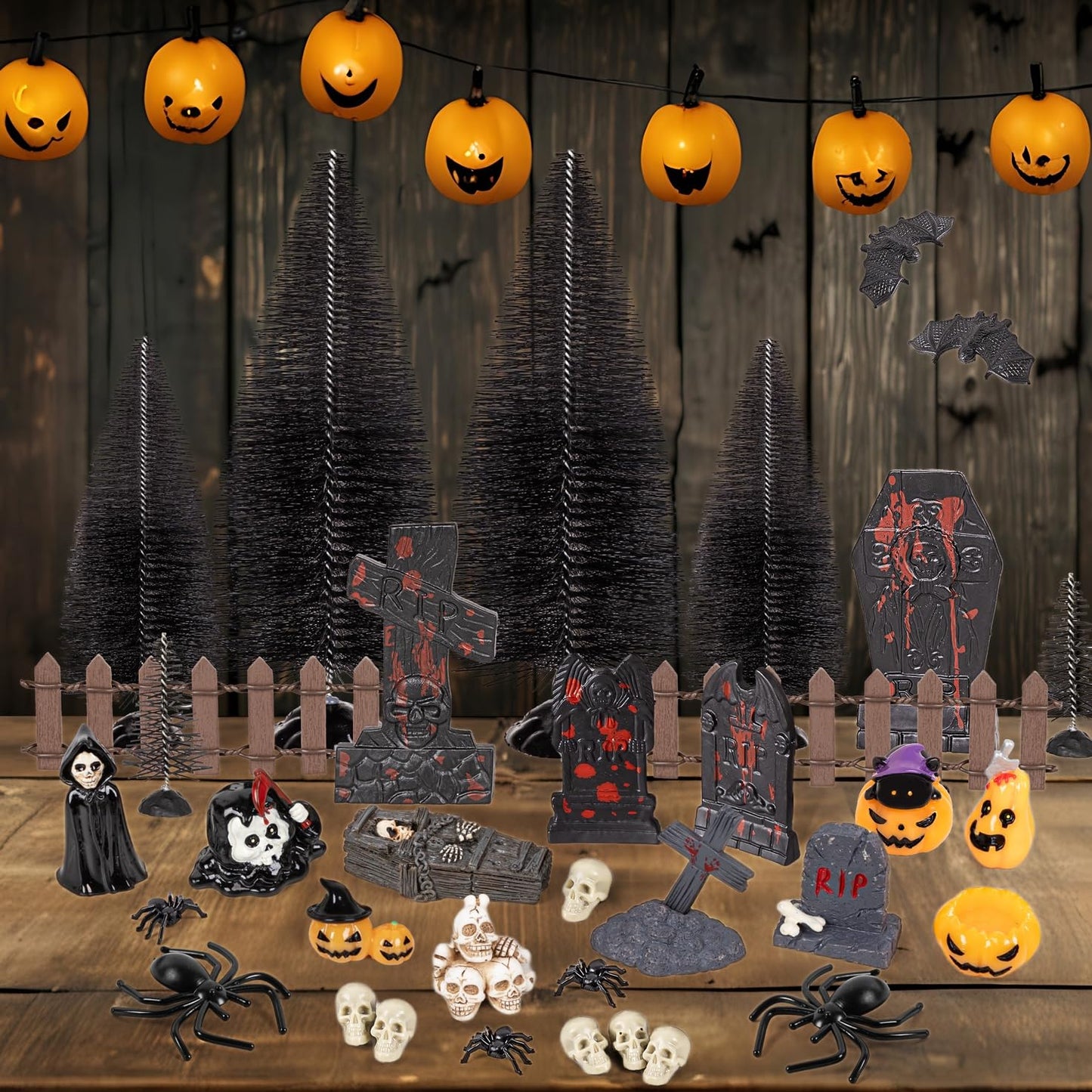 69Pcs Halloween Village Accessories Set Included Skeleton Pumpkin Spider Tree Coffin Skull Tombstone Bat Fence - Miniatures Figurines Decorations for Summerween Hallowmas Party Decor Tabletop