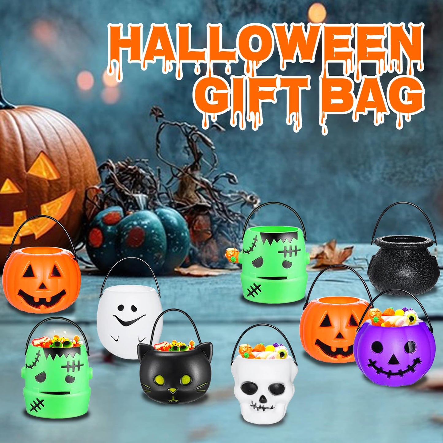 28 Pieces Halloween Candy Bucket,Mini Halloween Candy Holder,Pumpkin Ghost Cauldron Plastic Bucket Party Supplies for Trick or Treat