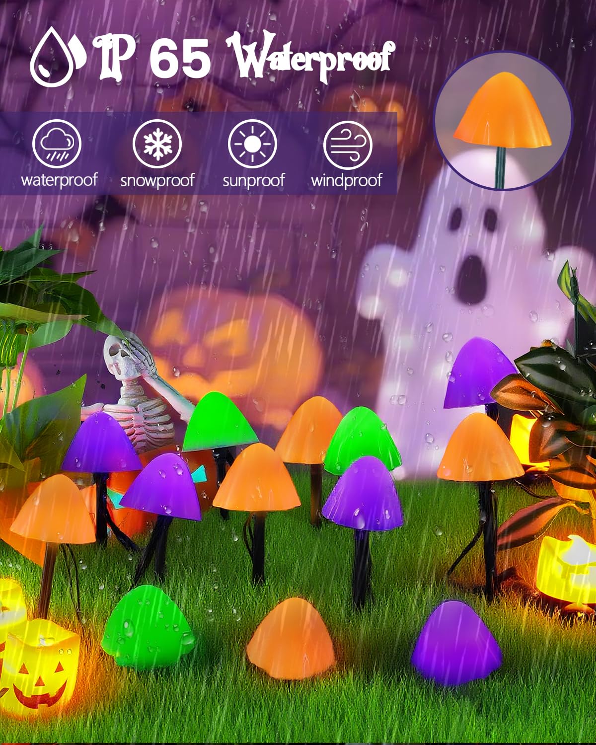 OZS 2PK 32LED 55FT Halloween Lights Mushroom Solar Lights, Halloween Decorations Outdoor with 8 Lighting Modes, Solar String Lights Waterproof for Outside Yard Party, Orange Purple & Green