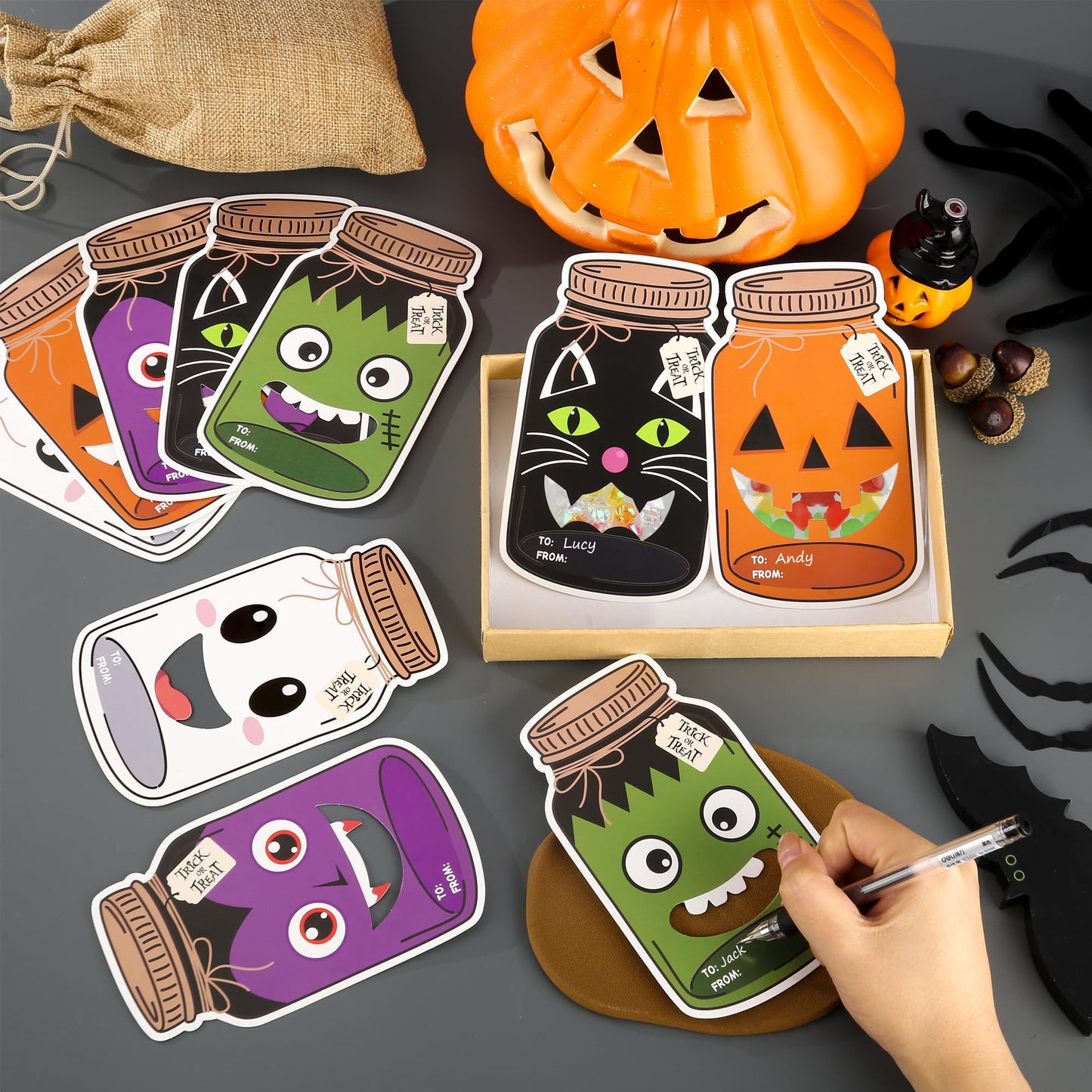 60 Pack Halloween Mason Jar Cards Halloween Candy Holder Cards for Kids Trick or Treat Classroom Prizes Exchange Gifts Card with Treat Bags for School Classroom Prize Gift Party Favors (Candy Not Included)