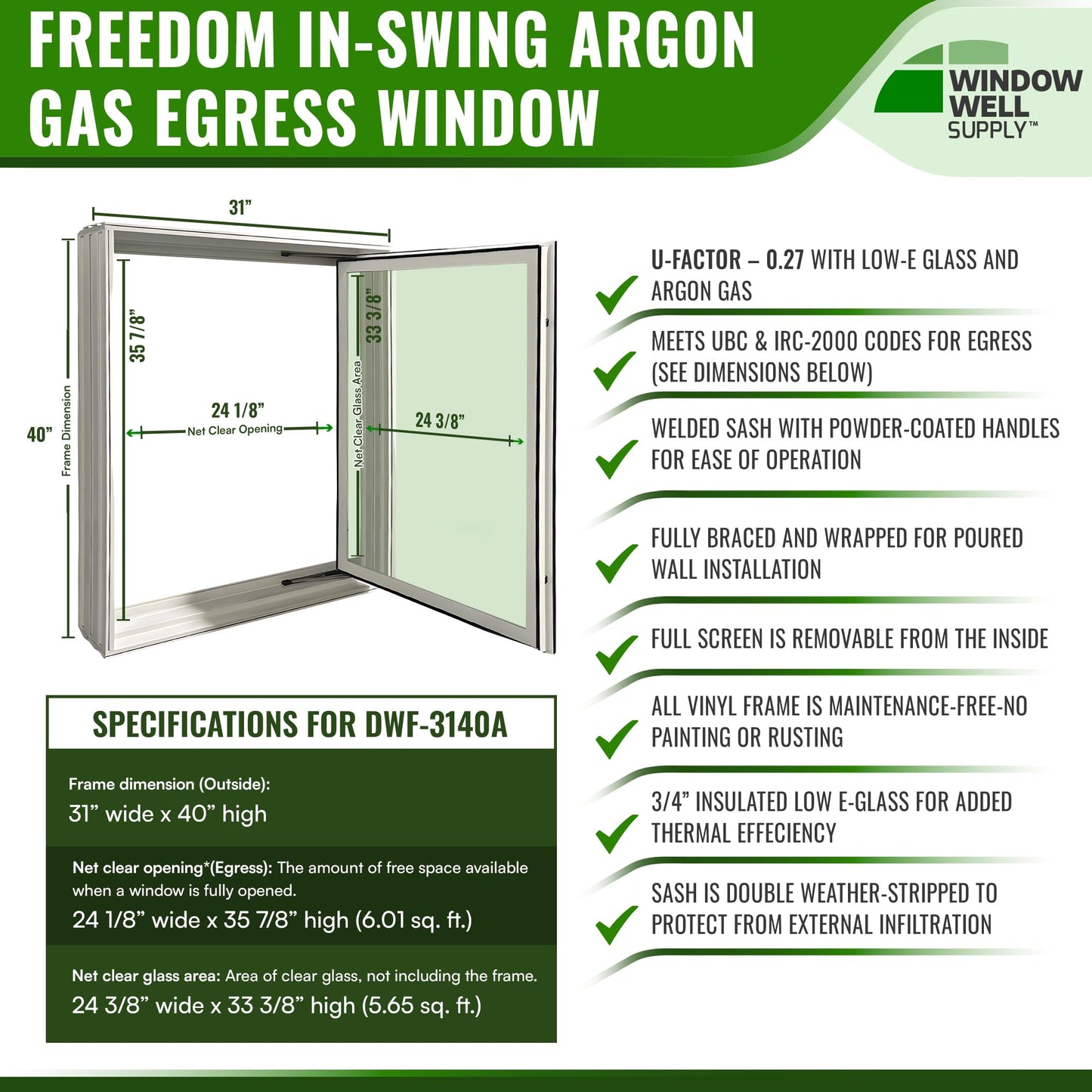 Window Well Supply - Argon Filled in-Swing Casement Basement Egress Window (31" W x 40" H), Vinyl Basement Window - Secure Windows, House Windows Replacement, White Vinyl Frame