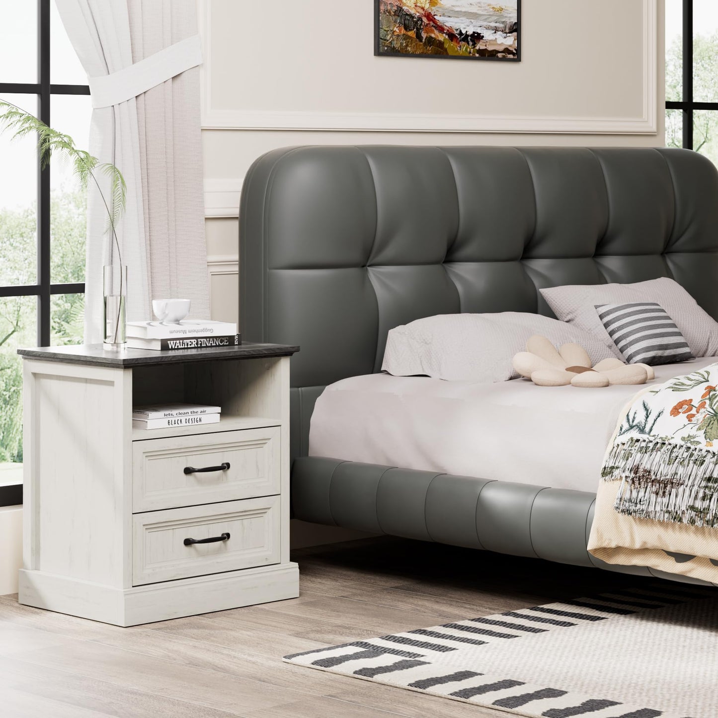 3 Pcs Farmhouse Dresser and Nightstand Sets for Bedroom, 7 Drawer Dresser & Nightstand Set of 2, Rustic Wooden Chest of Drawers Wide Storage Organizer for Bedroom, White