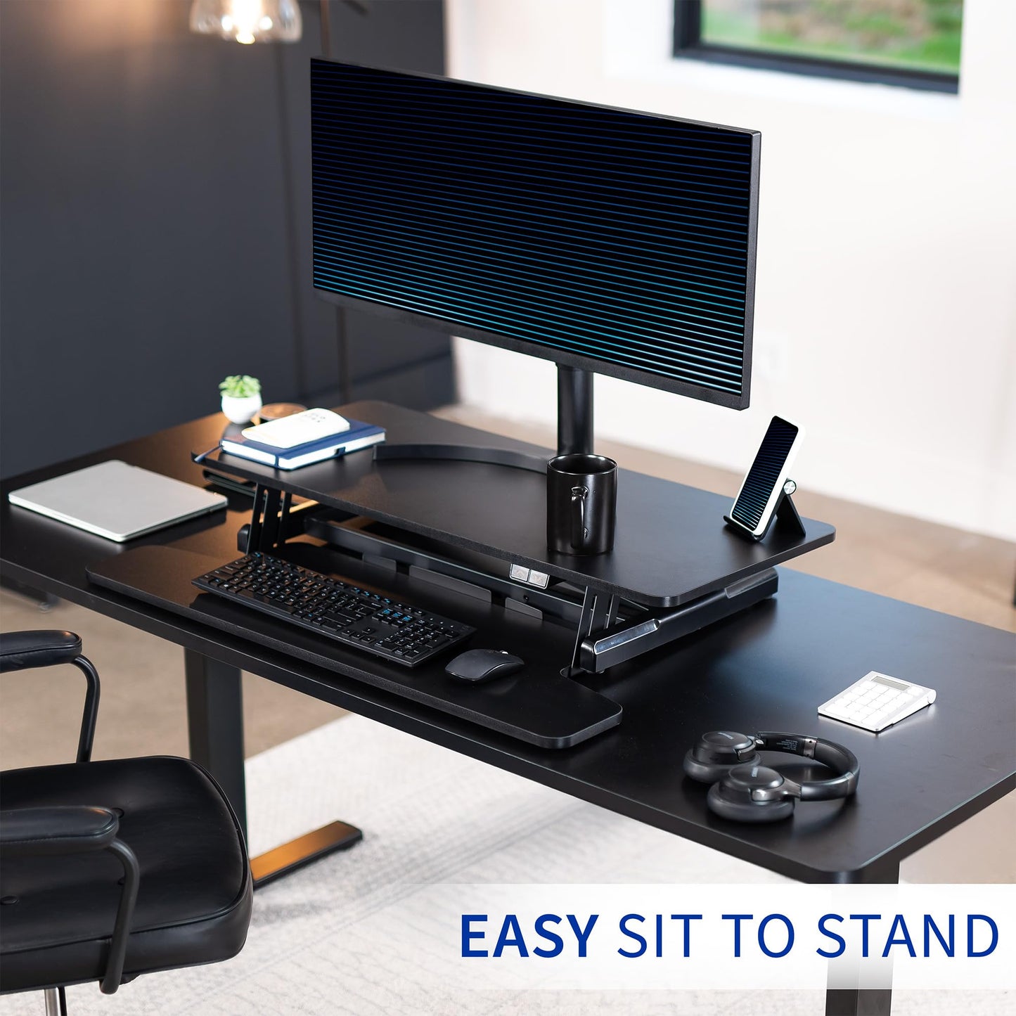VIVO 36 inch Electric Motor Desk Converter, Height Adjustable Riser, Sit to Stand Dual Monitor and Laptop Workstation with Wide Keyboard Tray, Black, DESK-VE36B