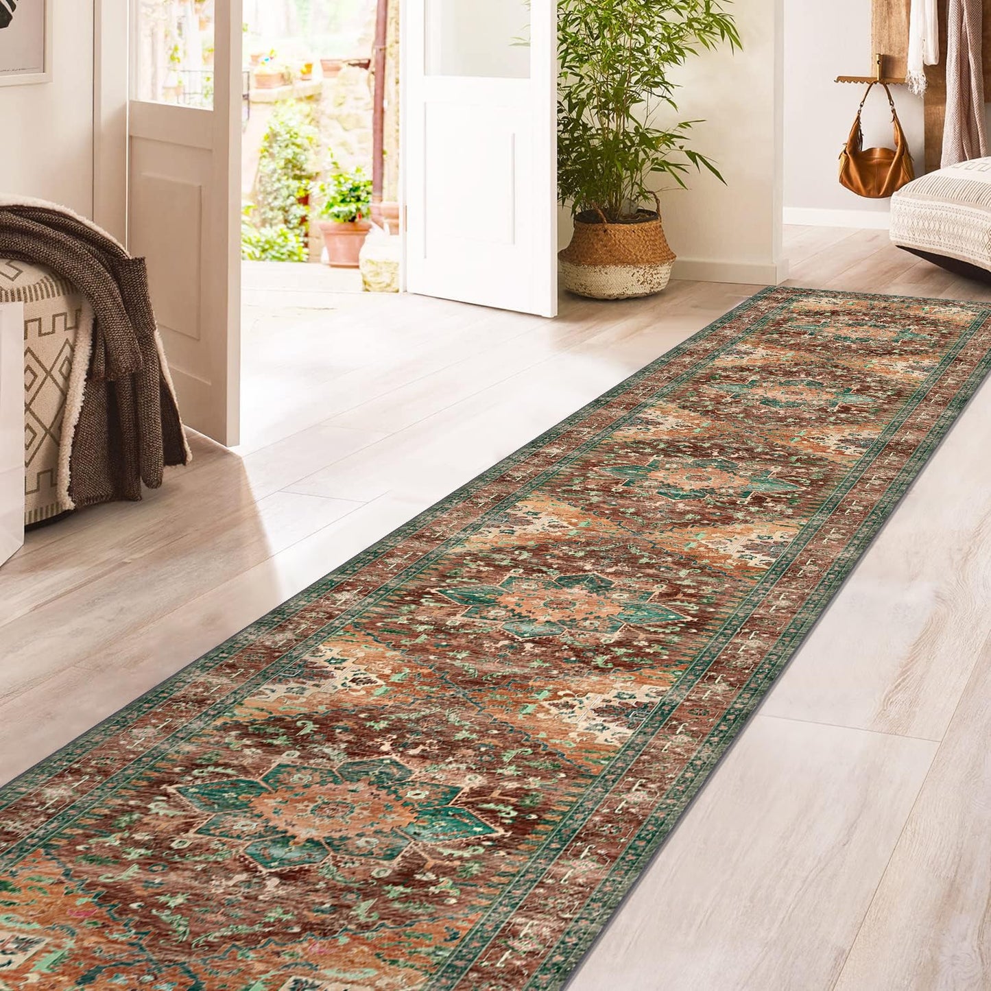 Yamaziot Washable Runner Rug, 2x12 Non-Slip Boho Vintage Hallway Rug Runner with Rubber Backing, Stain Resistant Low Pile Distressed Carpet Runner for Bedroom, Kitchen, Laundry, Entrance