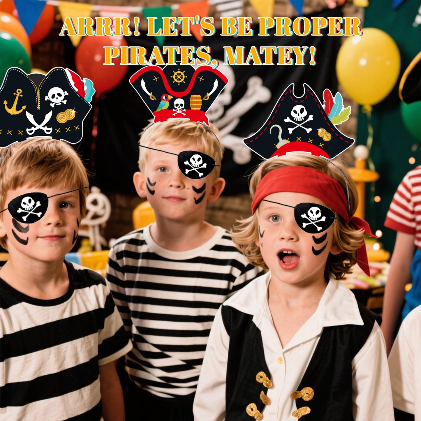 24 Set Pirate Hat Headbands & Eye Patches, Paper Pirate Costume Accessories Decoration for Pirate Theme Party Supplies Halloween Fancy Dress Caribbean Cosplay - Party Favors for Boys & Girls (48 Pcs)