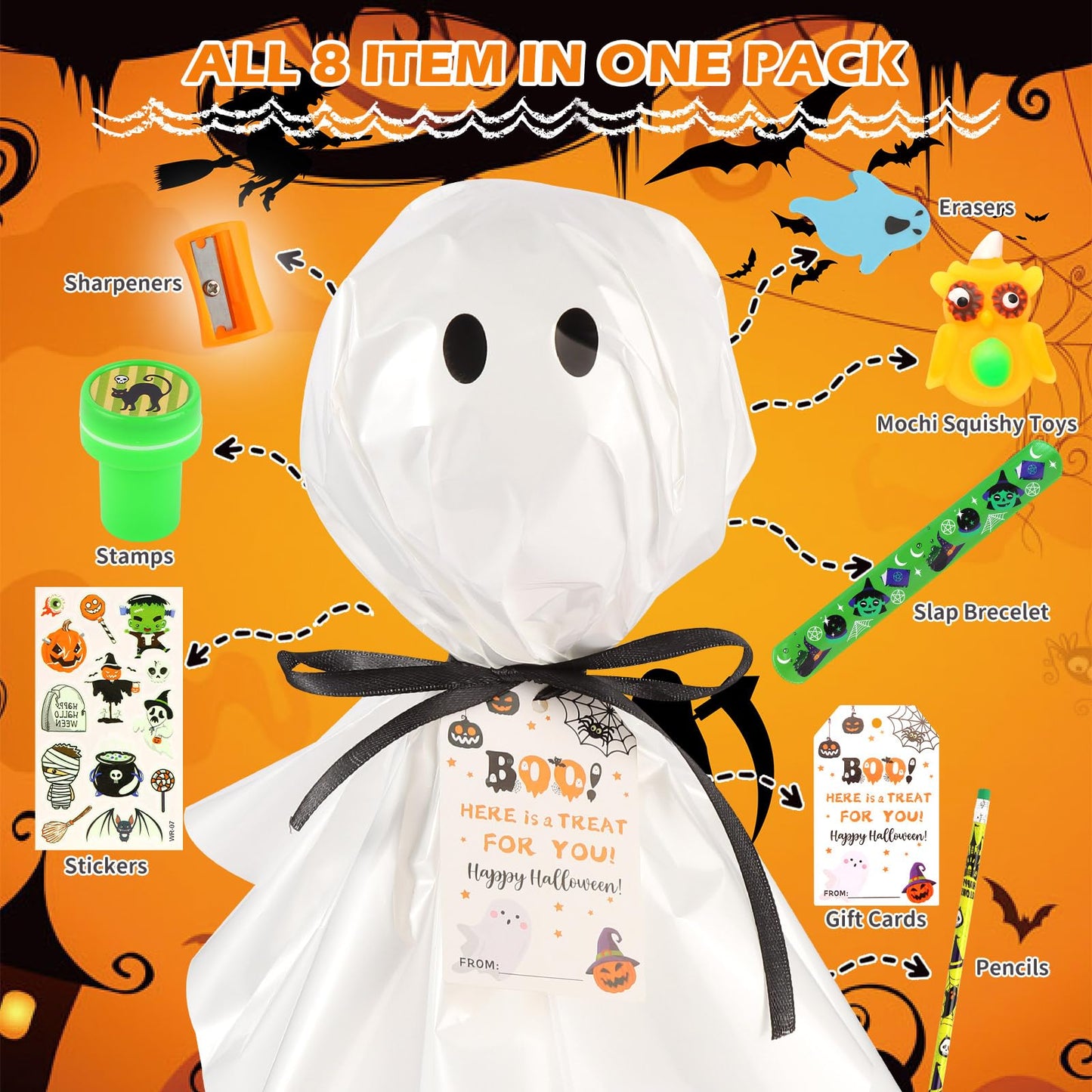 24Pack Halloween Party Favors for Kids, Giant Lollipop with Gift Cards, Pencils, Temporary Tattoo Stickers, Erasers, Stampers, Sharpener for Classroom School Exchange Party Favors for Boys and Girls