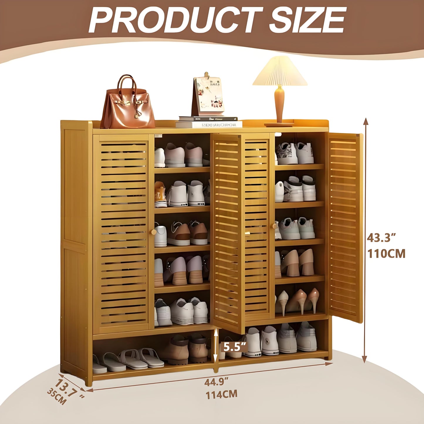 WMIASIN 7-Tier Shoe Rack Cabinet, Bamboo Shoe Cabinet with Doors, 36-40 Pairs Freestanding Shoes Cabinet Organizer，Large Shoe Cabinet for Entryway, Hallway, Living Room