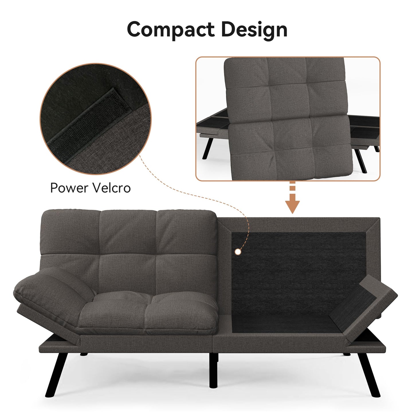 Vyfipt Convertible Futon Sofa Bed, 71" Memory Foam Futon Couch with Detachable,Adjustable Backrest,Linen Fabric Folding Small Loveseat Sleeper for for Living Room,RV,Office,Apartment,Dark Grey