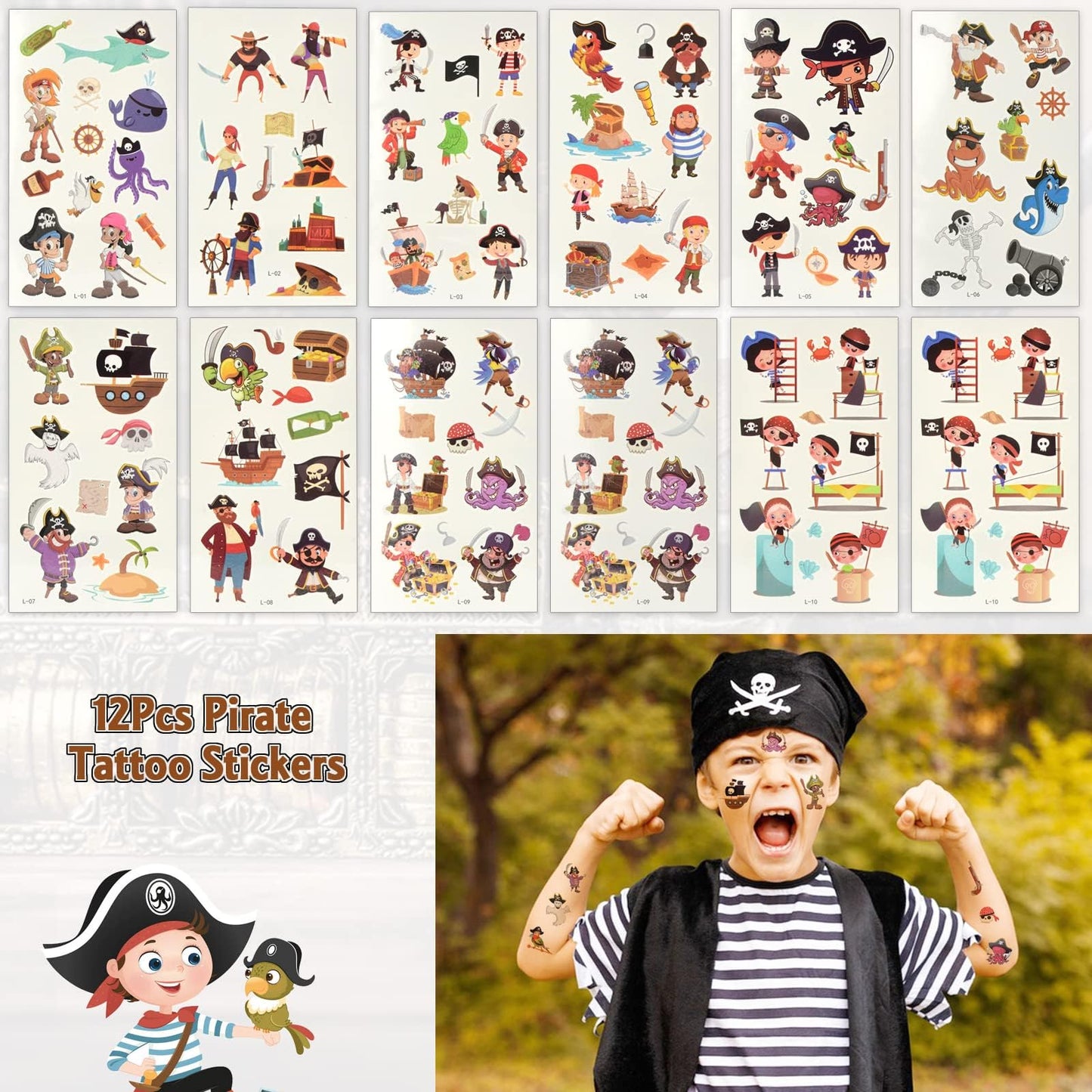 168Pcs Pirate Party Favors Supplies, Pirate Birthday Party Decorations, Pirate Gift Bags with Pirate Eye Patch Mustache Gold Coins Gems Tattoos for Kids Boys Pirate Birthday Party Goodie Bag Fillers
