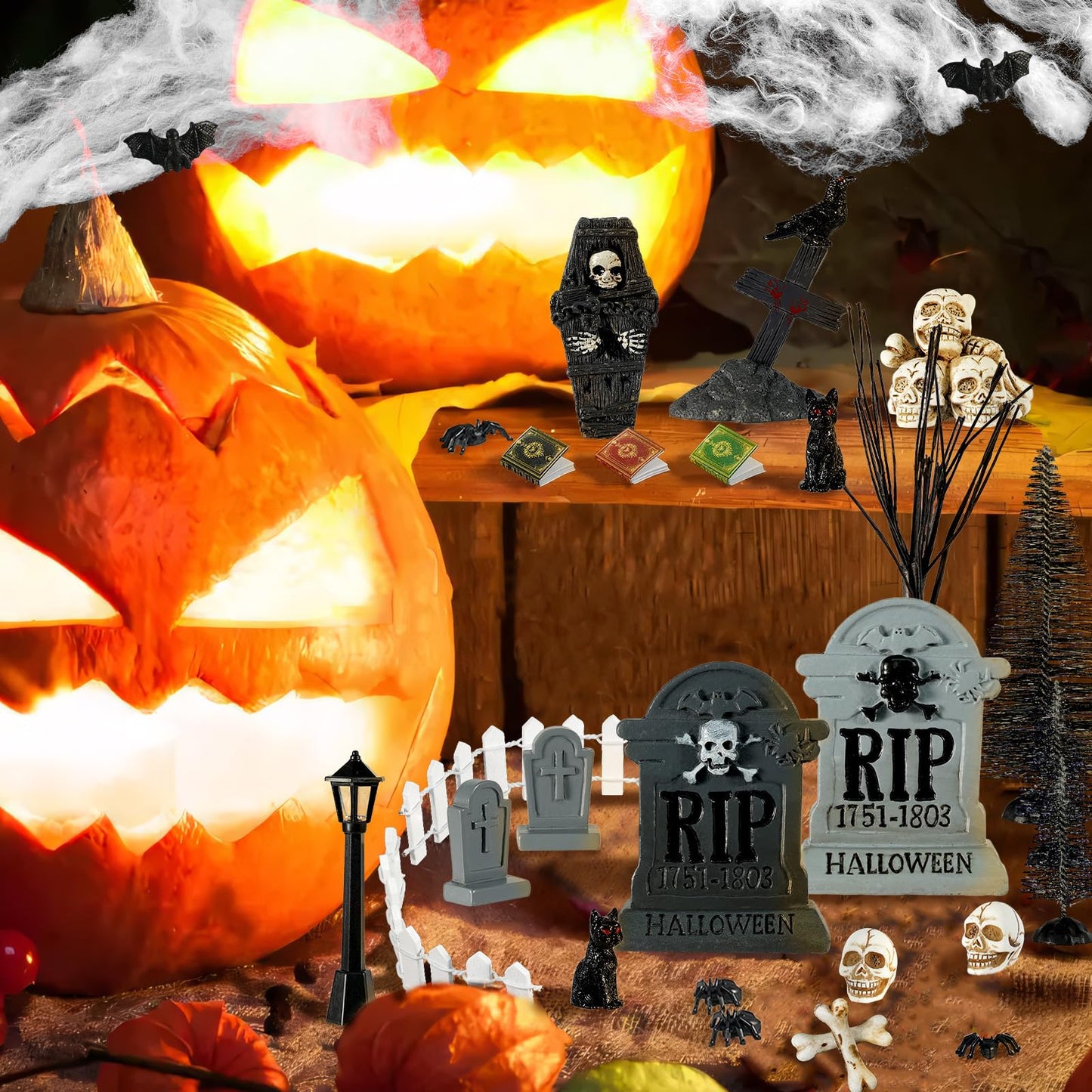 49 Pcs Miniature Halloween Village Accessories Set - Miniature Halloween Figurines, Ornaments, Bare Branches, Tombstones, Skeleton, Fake Spiders - Party Decor