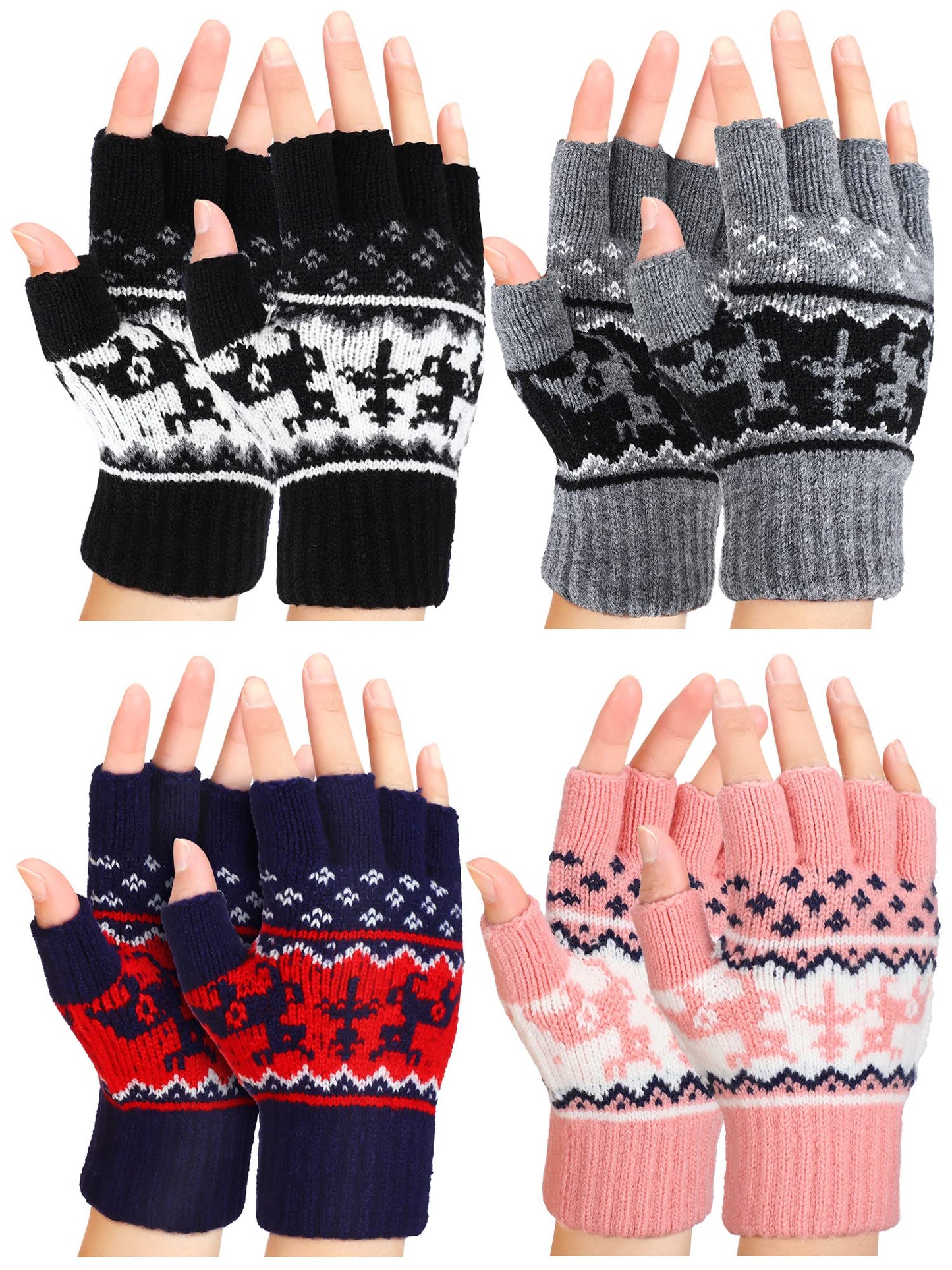 4 Pairs Fingerless Gloves Unisex Half Finger Striped Knit Stretchy Winter Gloves for Women Men Cold Weather(Elk Style)