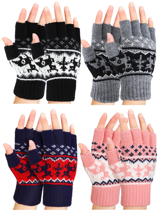 4 Pairs Fingerless Gloves Unisex Half Finger Striped Knit Stretchy Winter Gloves for Women Men Cold Weather(Elk Style)