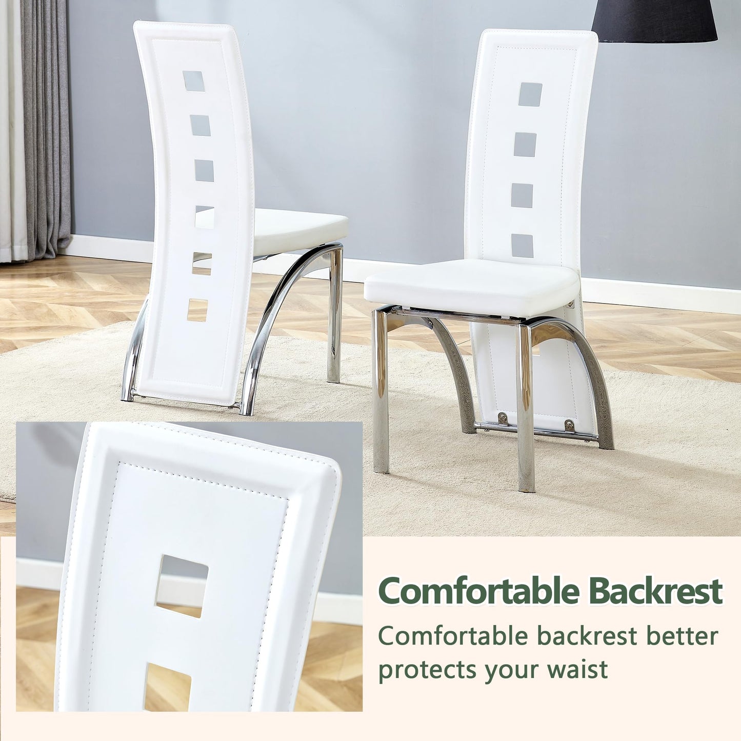 White Dining Chairs Set of 4, Modern Dining Room Chairs Set of 4, Upholstered PU Leather Kitchen Chairs with Silver Metal Legs, High Backrest Armless Seating for Kitchen, Dining Room