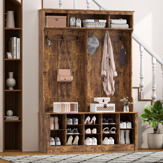 Wodeer Entryway Hall Tree with Bench and Shoe Storage, 53" Farmhouse 4-in-1 Mudroom Storage Organizer with Coat Rack, 6 Double Hooks, 12 Shoe Cubbies, Adjustable Shelf, for Hallway, Bedroom, Brown