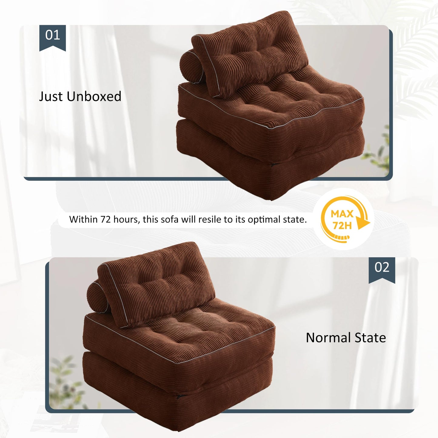 Afuson Folding Chair Bed, Futon Sofa Bed, Floor Couch for Adults Chair Bed for Living Room, Lounge Sofa, Convertible Sofa Bed, Small Couches for Small Spaces,Brown