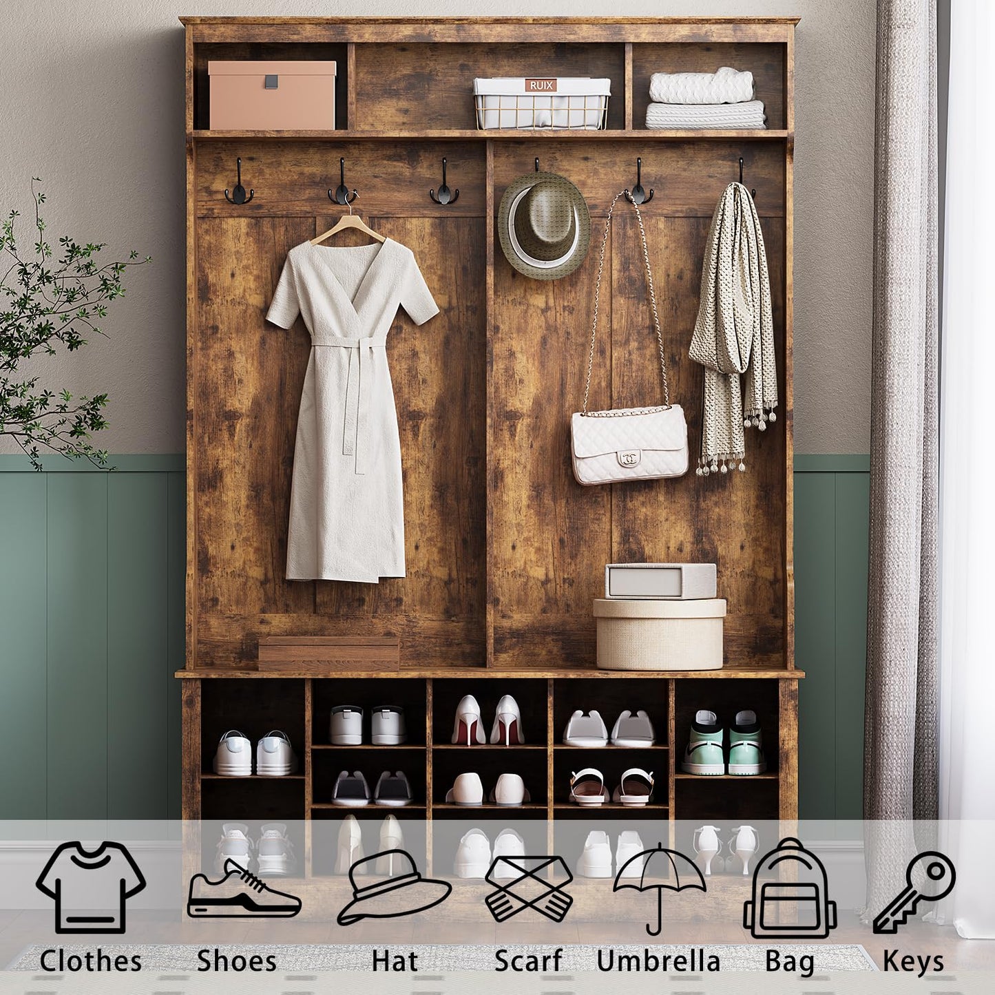 Wodeer Entryway Hall Tree with Bench and Shoe Storage, 53" Farmhouse 4-in-1 Mudroom Storage Organizer with Coat Rack, 6 Double Hooks, 12 Shoe Cubbies, Adjustable Shelf, for Hallway, Bedroom, Brown