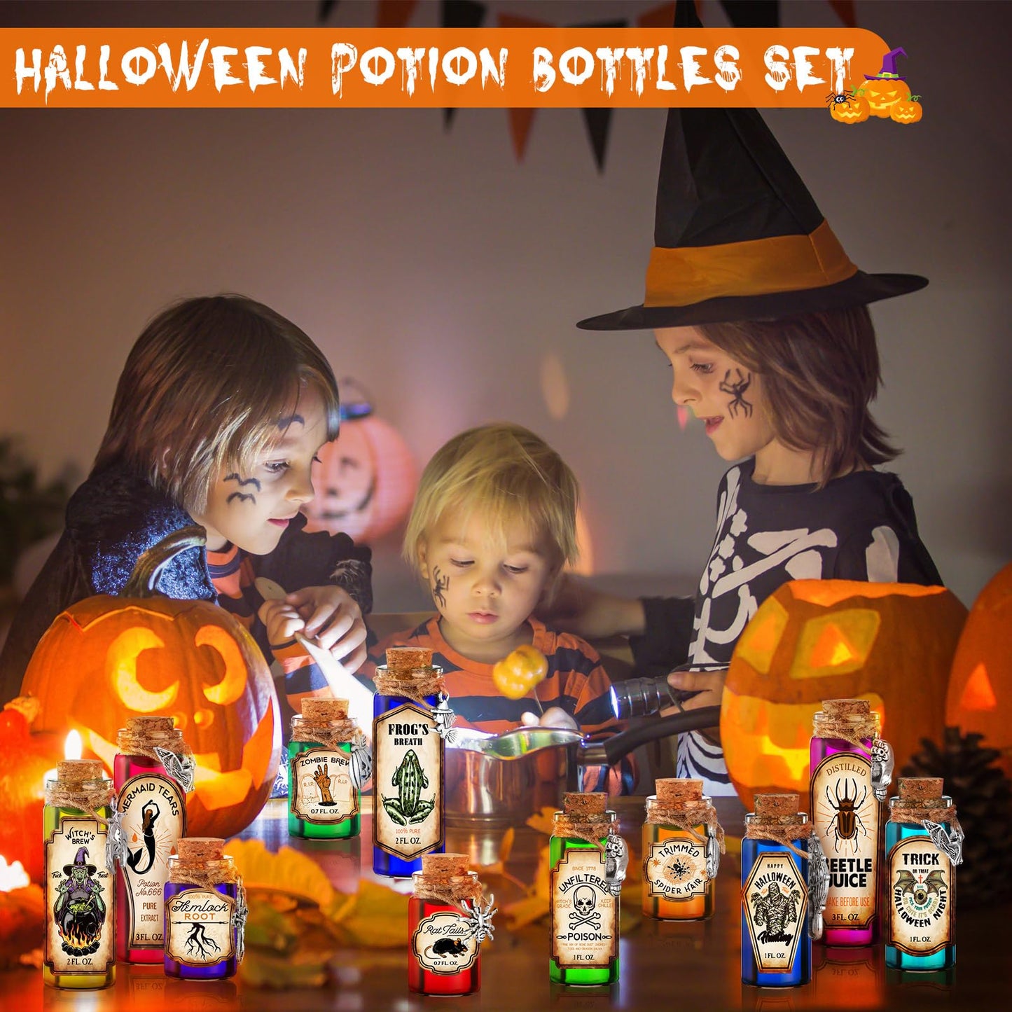 Yaomiao 124 Pcs Halloween Magic Potions Kit Halloween Party Decorations Creative Gift Apothecary Bottles Decorations with Labels Stickers Charms Pendants Ropes and Funnels for Indoor Party Supplies