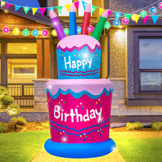 6FT Inflatable Birthday Cake Decoration,Birthday Blow up Cake Outdoor Decor with LED Lights，Light-up Happy Birthday Sign for Yard Lawn, Inflatable Outdoor Holiday Yard Decoration(Blue & Pink)