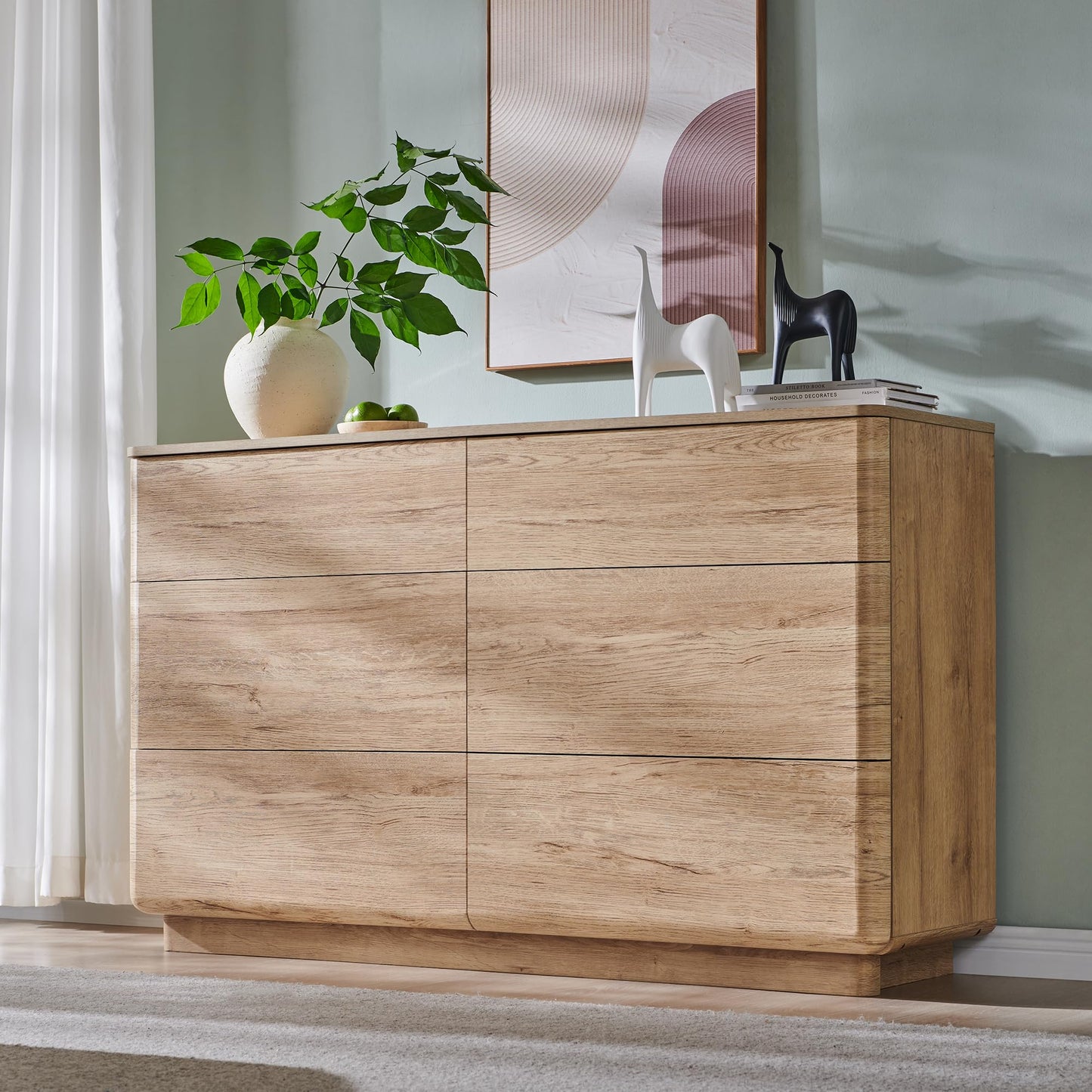 ACCOHOHO Modern 6 Drawer Dresser for Bedroom, Farmhouse 52" Wide Dresser TV Stand with Large Drawers, Natural Texture, Curved Angle for Room, Hallway and Entryway, Nutural Oak