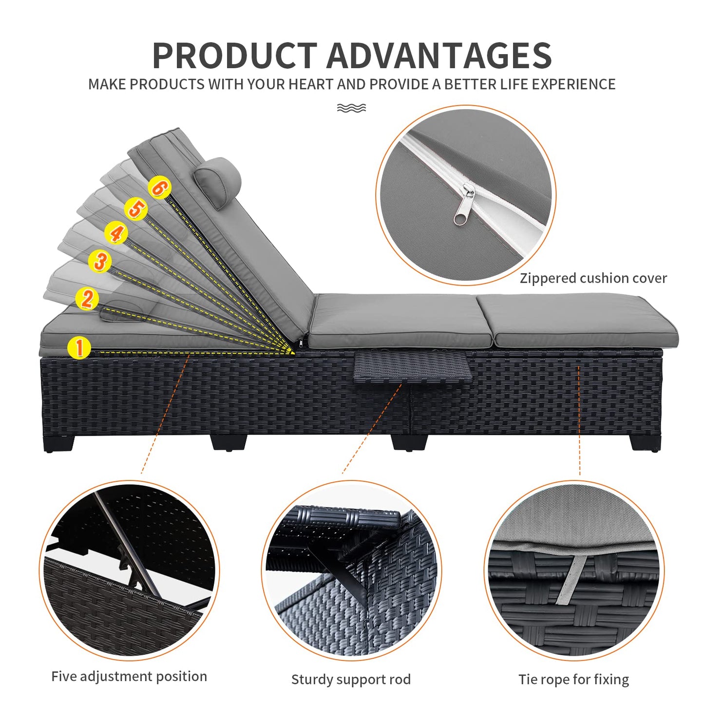 WAROOM Outdoor Chaise Lounge Chairs for Outside Patio Furniture Set of 2 Wicker Recliner Black Rattan Reclining Pool Sunbathing Chair Adjustable Backrest Lounger with Grey Cushion