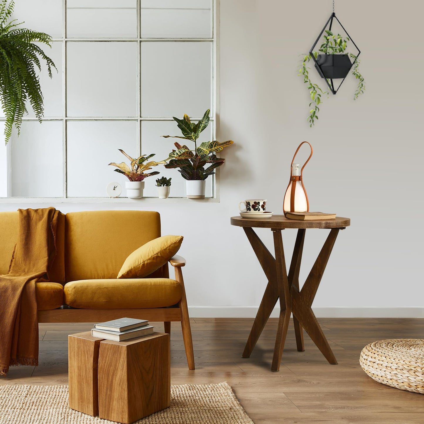 Ahokua Farmhouse End Table Set of 2 with Solid Wood Crossed Legs Round Boho Side Table Mid Century Modern Side Table Small Accent Table for Small Space Stable Nightstand for Living Room, Natural Wood