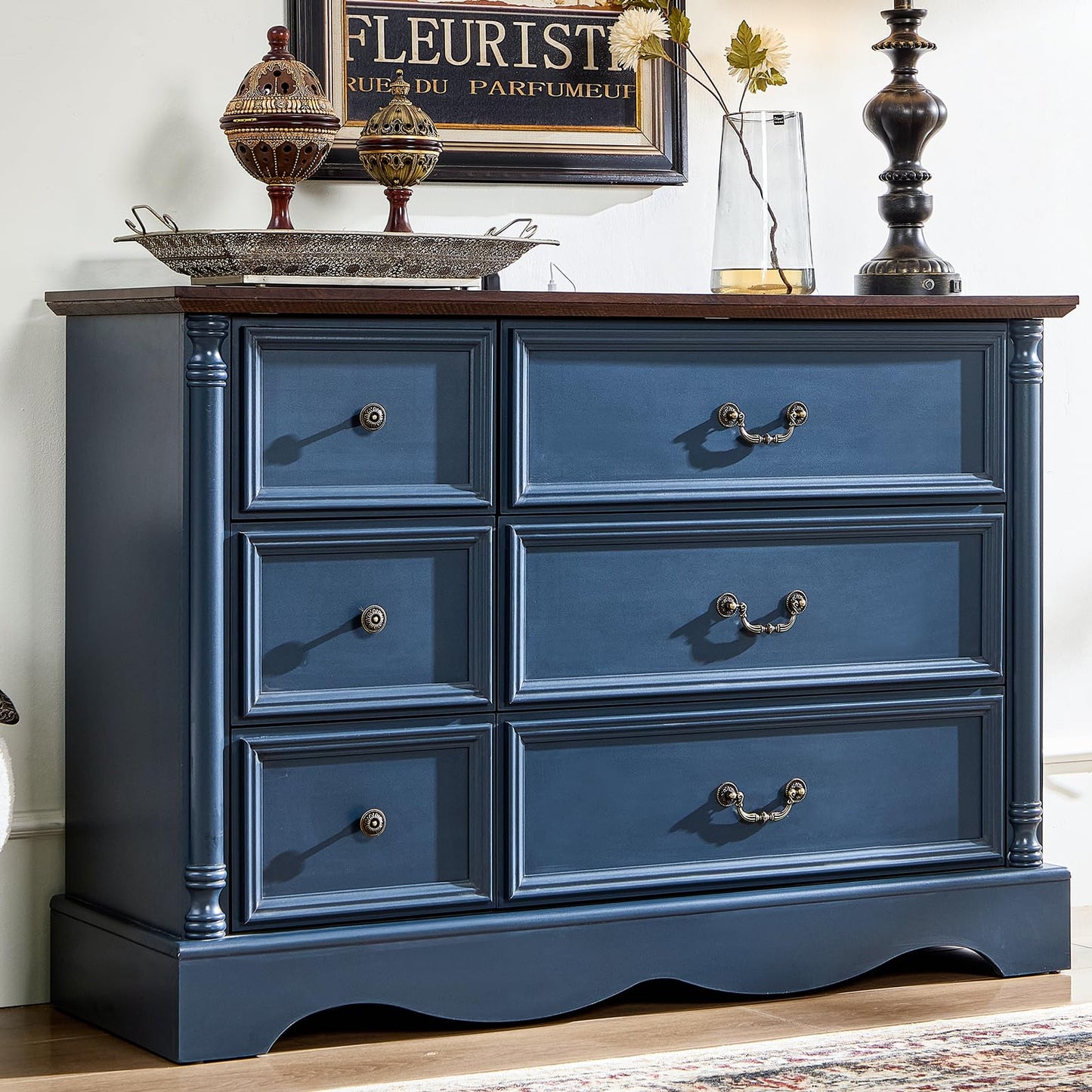6 Drawers Dresser, Farmhouse Chest of Drawers with Charging Station, Refined Blue Finish Design, Modern Storage Dressers Organizer TV Stand for Bedroom, Living Room, Hallway, Indigo Blue