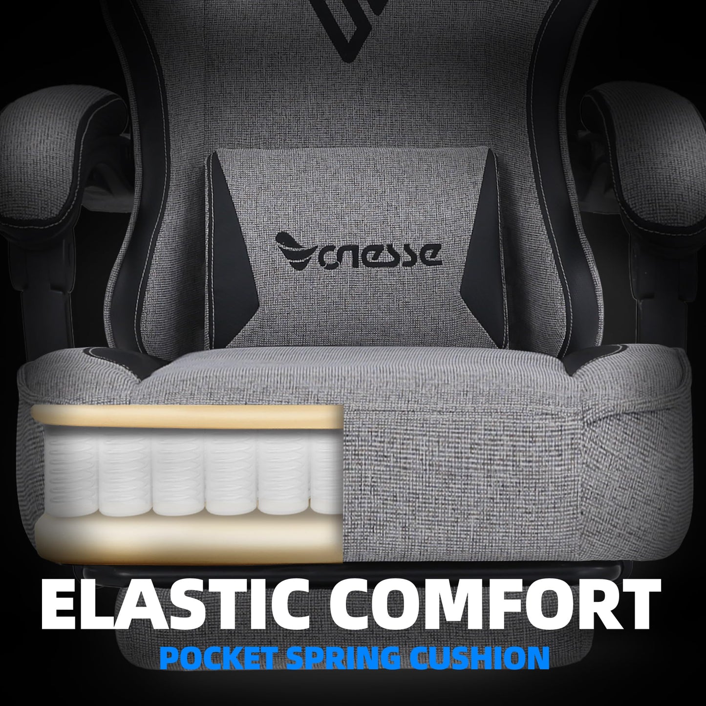 Vonesse Gaming Chair, Computer Chair Fabric with Pocket Spring Cushion, Office Chair with Footrest and Massage Lumbar Support, Reclining Gaming Chairs for Adults 250LBS (Grey)