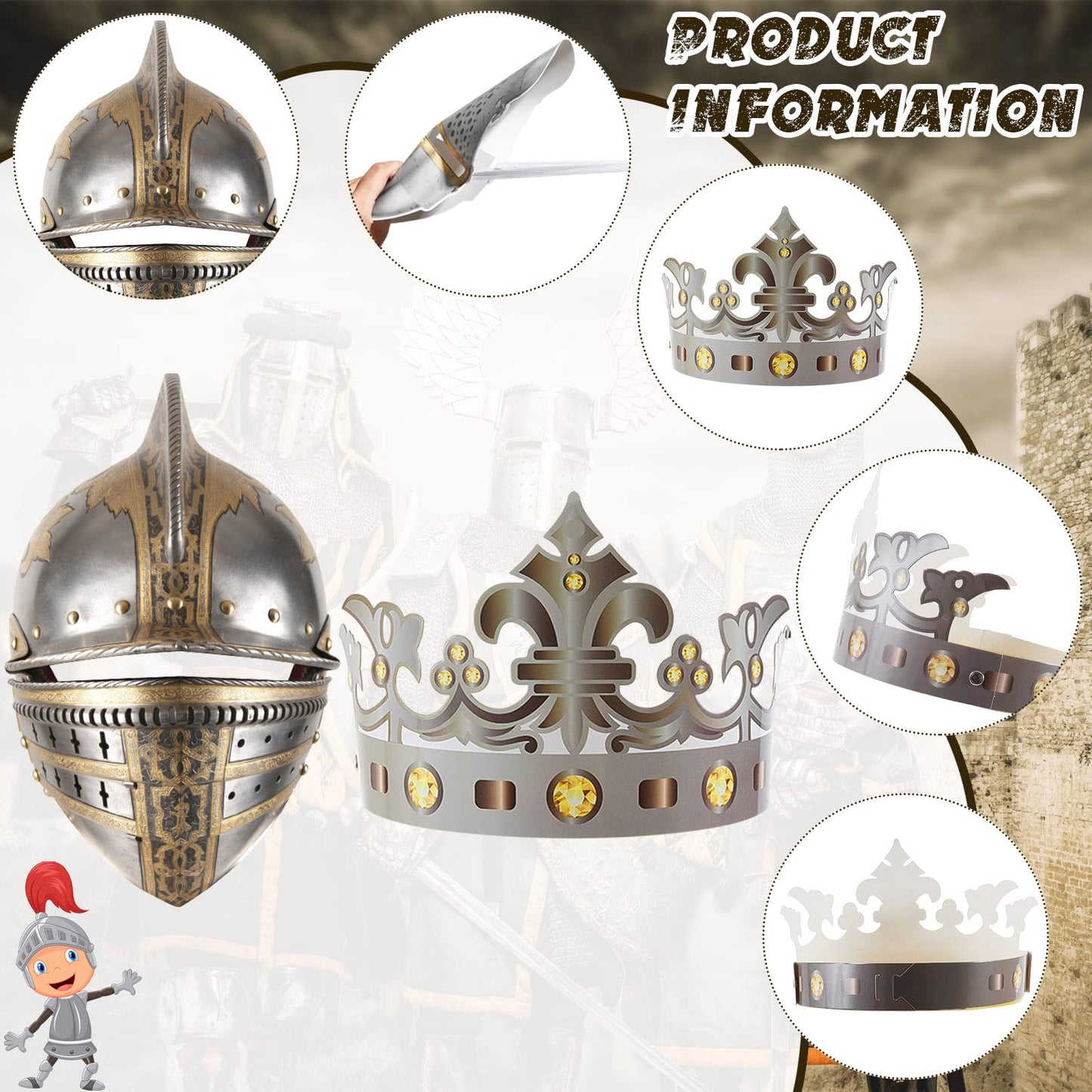 24 Pcs Medieval Knight Party Decorations Paper Knight Helmets Masks Crowns for Kids Crusader Samurai Soldier Costume Favor Gift for Cosplay Roman Viking Dress up Party Decor