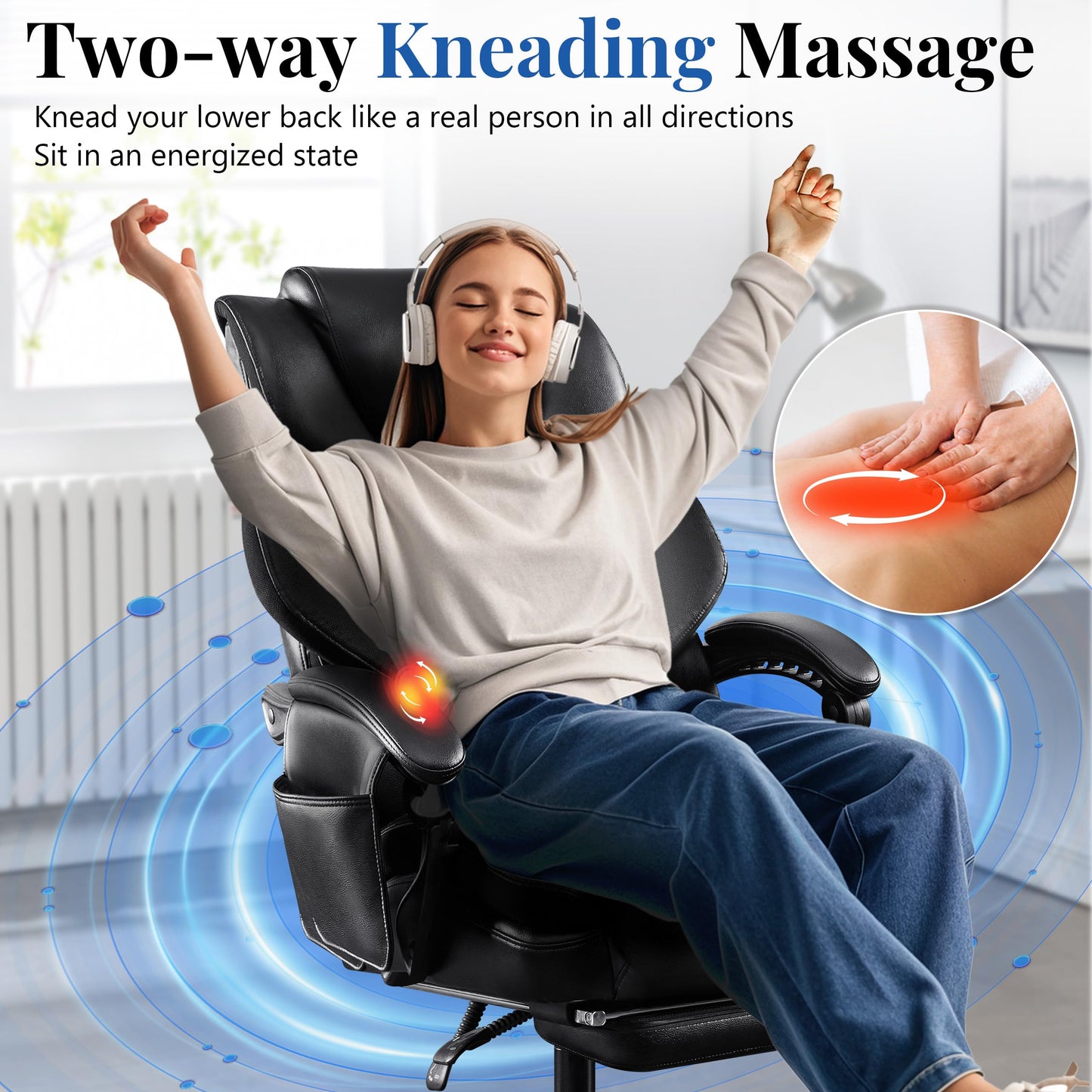 3D Kneading Massage Office Chair, Oversized 600LBS Big and Tall Executive Office Chair with Footrest, Reclining Computer Chairs, Wider Upholstered Seat Ergonomic Desk Chair for Home Office,Black