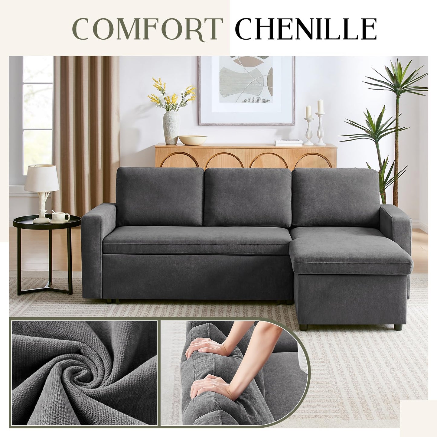 85’’ Sofa Bed, 2 in 1 Sleeper Sofa with Multiple Storage Spaces and Detachable Chenille Cover, Easy to Assemble, Comfy Futon Pull Out Couch for Living Room/Office/Apartment(Grey)