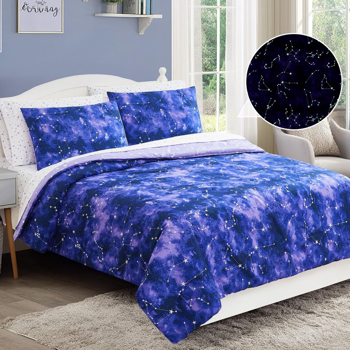 Wink Deer Twin Comforter Set - 5 Pieces Girls Boys Galaxy Glow in The Dark Twin Bedding Sets for Kids, Ultra Soft Bed in A Bag with Sheets