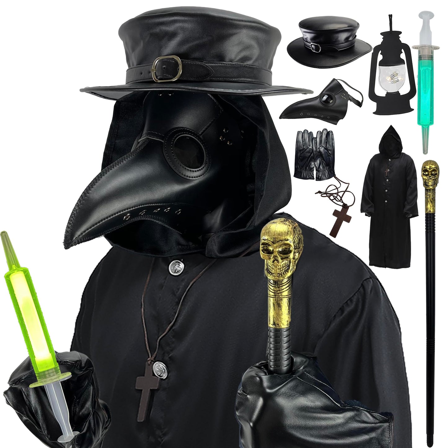 Absolute Vibe Plague Doctor Bird Mask and Hat Combo Set Halloween Costume Steampunk Cosplay Props (M, BLACK-001)