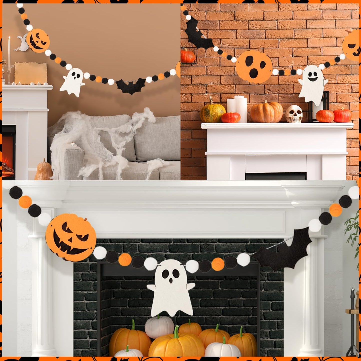 24.6Ft Felt Banner - Cute Pumpkin Ghosts Expressions Bat Pom Pom Garlands - Halloween Party Decorations - Indoor/Outdoor Hanging Decor