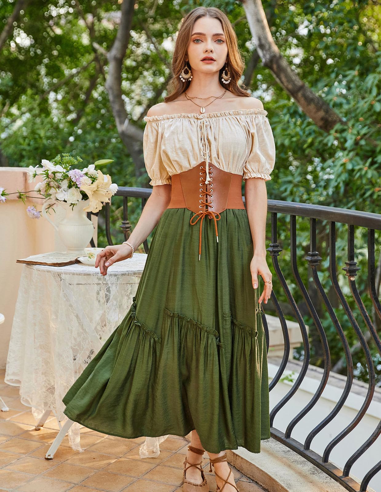 Women Off Shoulder Puff Sleeve Summer Tops Smocked Wasit Peplum Blouse Apricot S