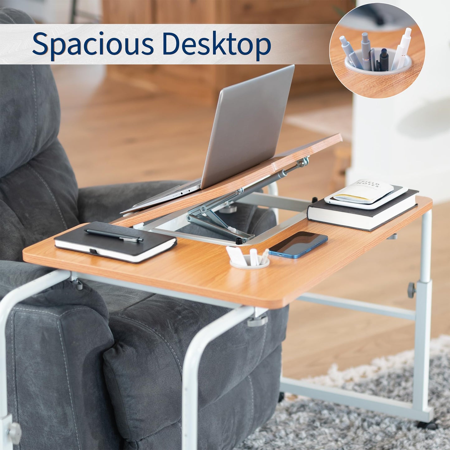 VIVO Mobile Over The Bed and Recliner Table, Tilting Laptop Tray with Height and Length Frame Adjustment, Ergonomic Overbed Kids and Adult Desk on Wheels, Light Wood, DESK-V202A