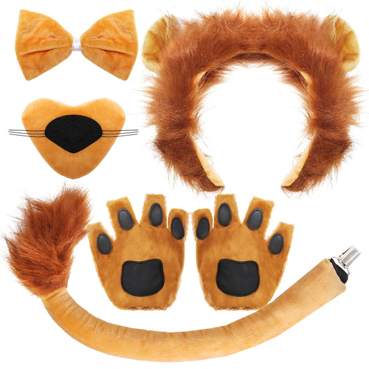 6Pcs Lion Costume Lion Ears Headband and Tail Set Nose Bowtie Gloves Halloween Cosplay Accessories Party Supplies for Adults