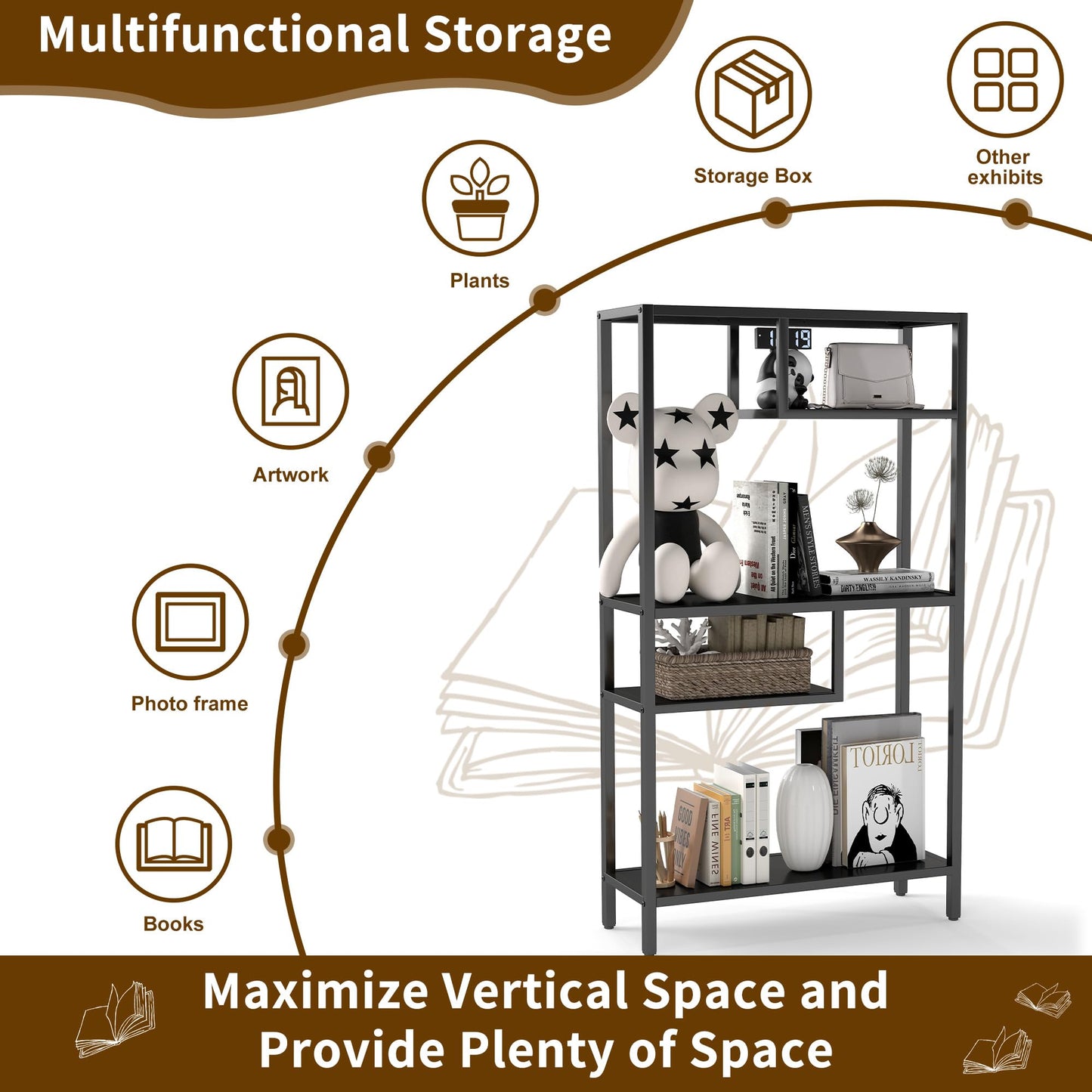 4 Tier Book Shelf, Modular Wide Bookshelves with Storage, Adjustable Industrial Metal Bookcase, Asymmetrical Geometric Shelf for Living Room, Bedroom, Office, 33.5" W*13.8" D*70.8" H, Black