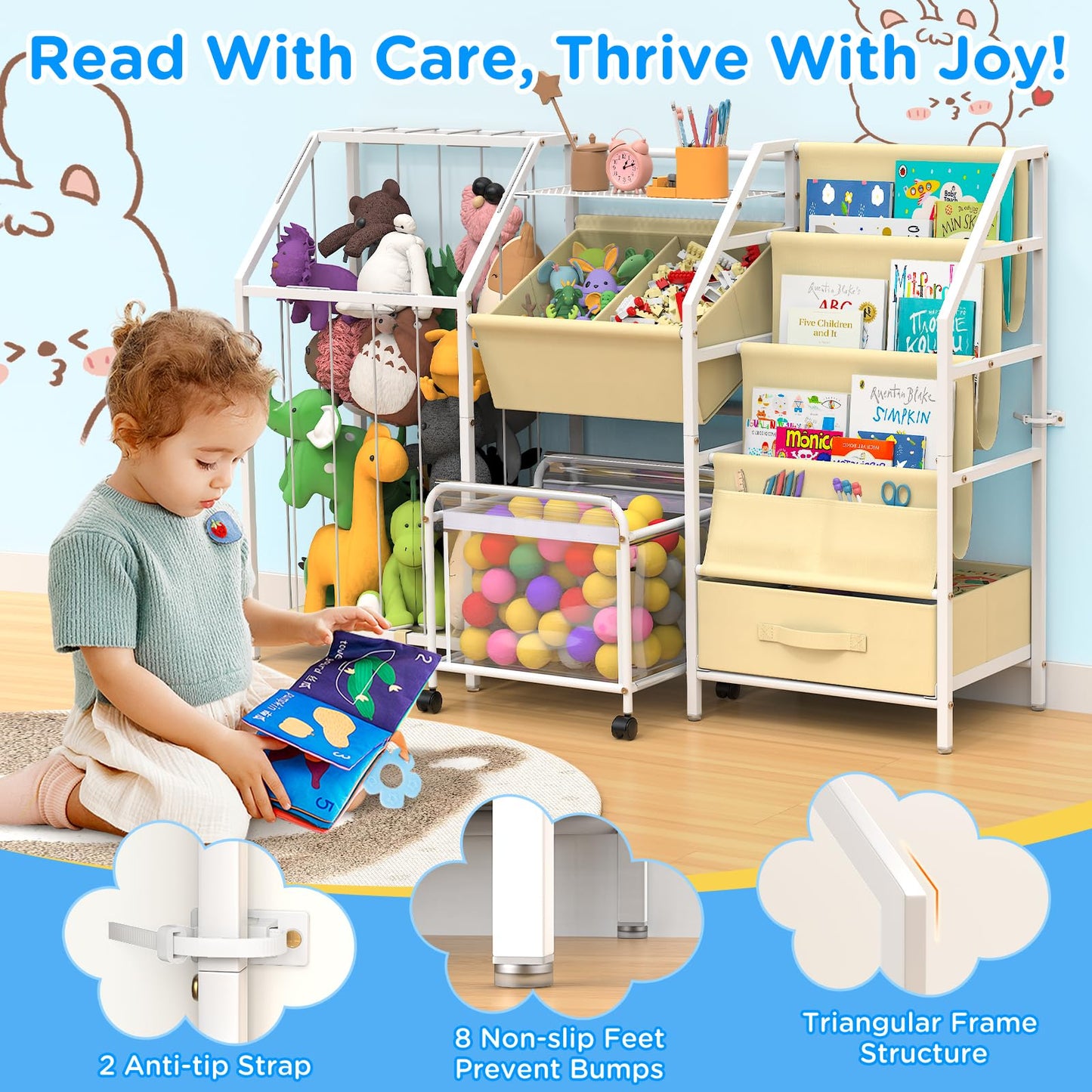 VORTULIUK Kids Bookshelf and Toy Storage, 3 Tier Sling Montessori Bookcase with Toy Organizer & Stuffed Animal Storage, Children Baby Toddler Book Shelf for Kids Rooms Nursery Bedroom Playroom, White