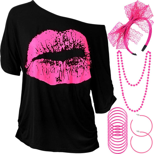 80s Costumes for Women, Lips Print T Shirt Lace Headband Earrings Necklace Bracelet for 80s Theme Party(Rose Red,L)