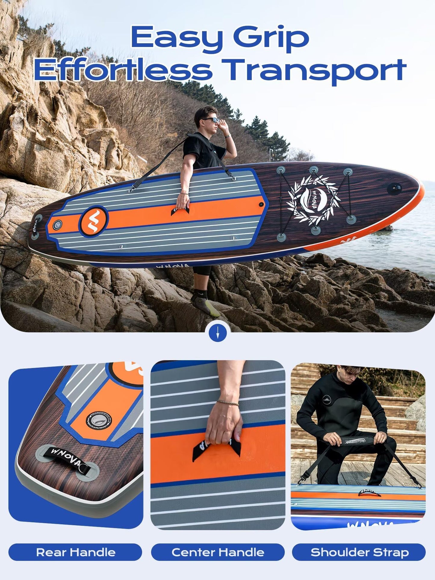 WNOVA Extra Wide Inflatable Paddle Board, 11' x 34" x 6" Stand Up Paddle Board for Adults, SUP Accessories with Camera Mount, 2+1 Family for Lake, Ocean, Sea,Deep Wood Grain