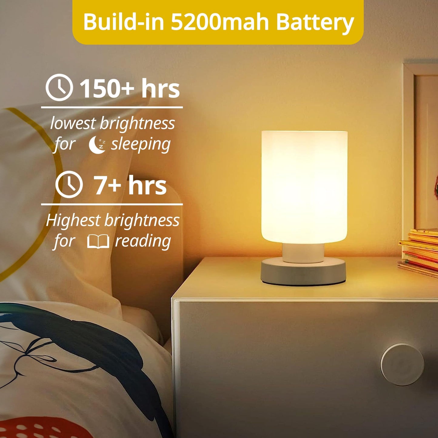 Wireless Rechargeable Bedside Table Lamps，5200mah Battery Operated, Stepless Dimming, Touch Lamps for Nightstand, 3000k Led Bulb, Simple Design