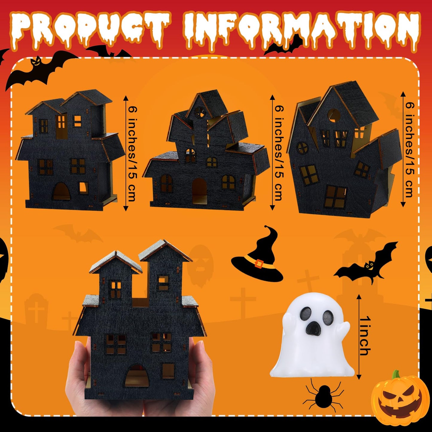 Wonderjune 13 Pcs 3D Ghost Halloween Village Haunted House DIY Kit 3 Large Wooden Castle House 10 Ghost Figurines Crafts Kit for Indoor Outdoor Halloween Party Decor Supplies