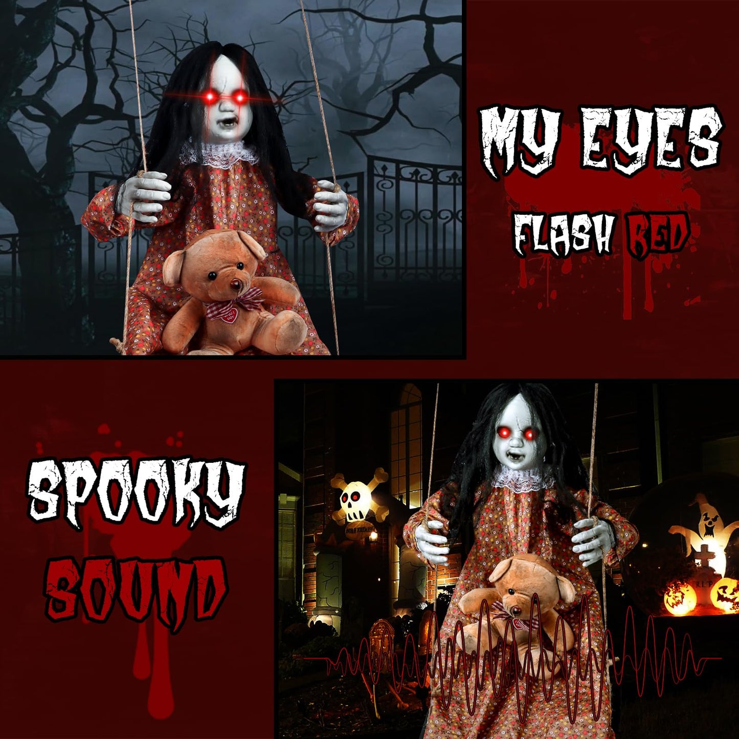 3.75 Ft Scary Halloween Decorations Outdoor, Halloween Hanging Swinging Girl with Sound & Touch Activated/Creepy Sound/Light Up Eyes/Scary Expression, Halloween Decor Props for Indoor Outside