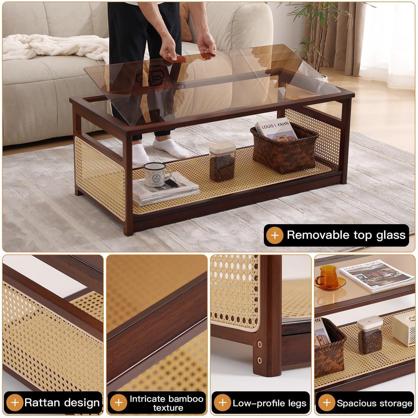 Welnow Rattan Coffee Tables for Living Room, Modern 2-Tier Coffee Table, Mid Century Rectangle Coffee Table with Storage Shelf & Glass Top, Large Boho Center Table for Apartment, Walnut