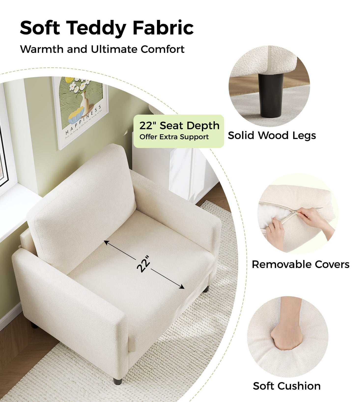 Welzona Sofa Accent Chair, 33" Reading Chair for Bedroom, Tool-Free Setup Living Room Accent Chairs, Comfy Arm Chairs Living Room, All-Wood Reading Nook, Beige