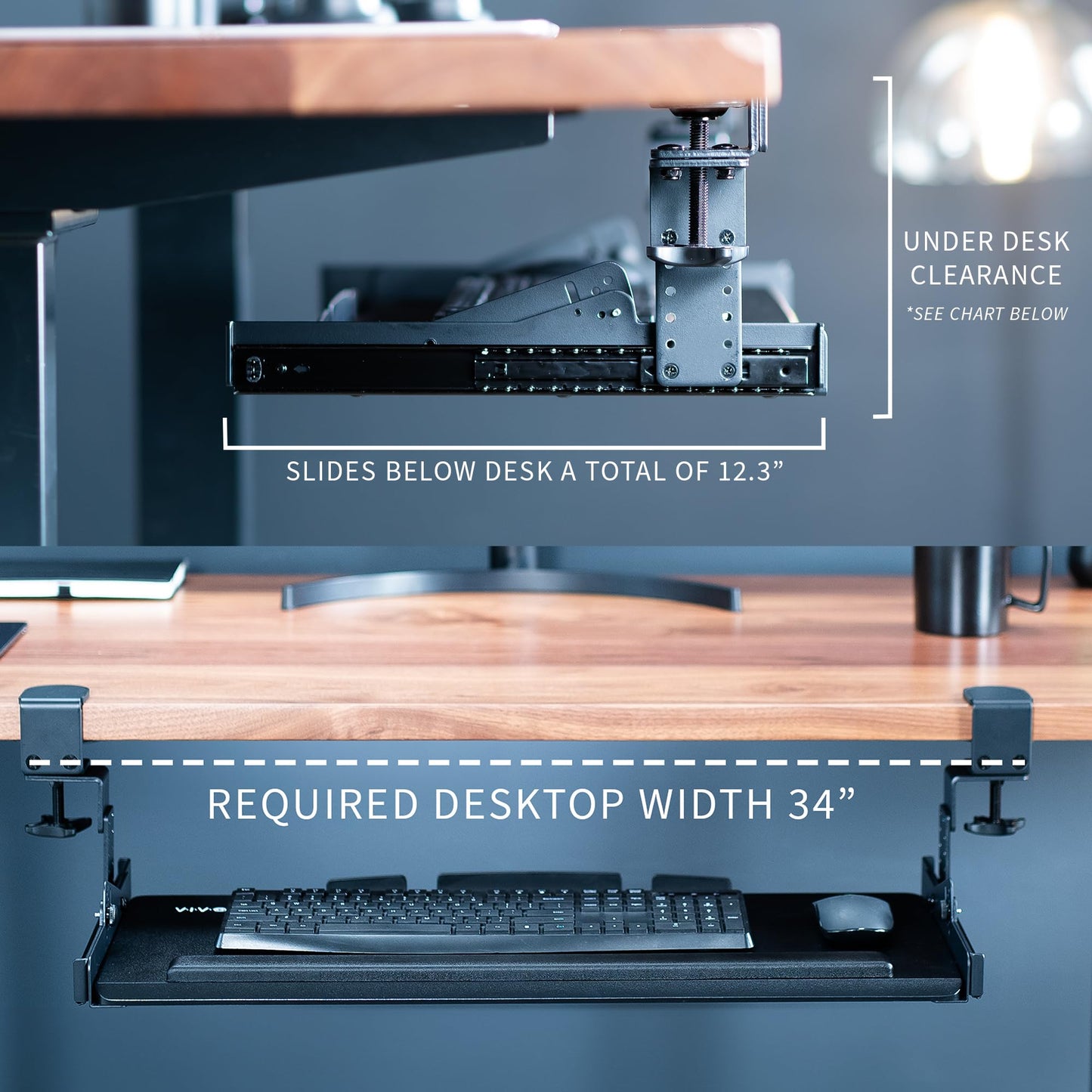 VIVO Premium Large Keyboard Tray with Height Adjustment, Tilt, Extra Sturdy Swivel C-Clamps for Corner Mounting, 27 (34 Including Clamps) x 11 inch Slide-Out Platform, Black, MOUNT-KB05HT