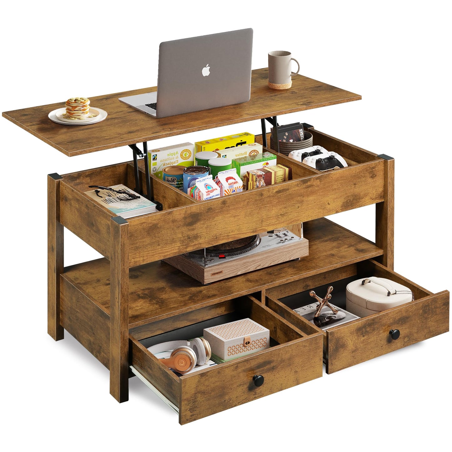 WLIVE Coffee Table, Lift Top Coffee Table with 2 Drawers, Large Hidden Hidden Compartment and Open Shelf, Lift Tabletop, Dining Table for Living Room, Rustic Brown